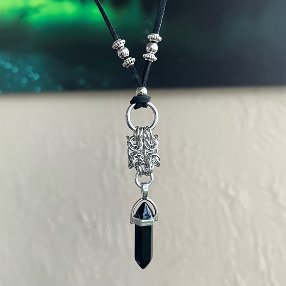 Handmade maille necklace with black obsidian bullet adjustable choker boho goth - Picture 12 of 16